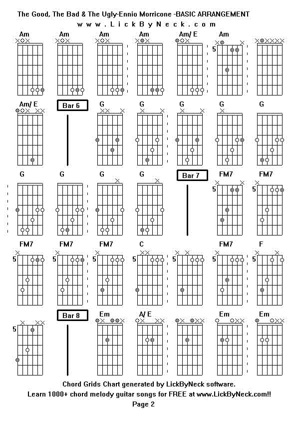 Chord Grids Chart of chord melody fingerstyle guitar song-The Good, The Bad & The Ugly-Ennio Morricone -BASIC ARRANGEMENT,generated by LickByNeck software.